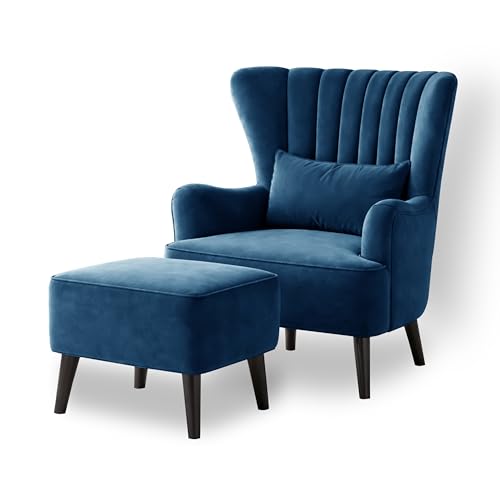 Image of Rosebell Velvet Accent Chair with Ottoman - Modern Upholstered Lounge Chair with High Back, Tufted Design & Comfortable Reading Chair for Living Room, Bedroom, Office-Blue