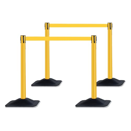 OranclUS 4 Pack Yellow Crowd Control Stanchion Set with 10FT Retractable Belt, Space-Saving Heavy Rectangular Base, Traffic Barrier Posts for Safety & Queue Management