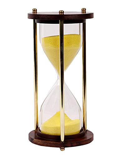Image of Wooden and Brass Multi Color Sand Timer Hour Glass Sandglass Clock Ideal for Exercise Tea Making Antique Nautical Decor Theme Height 5.5 Inches 5 Minutes (Yellow)