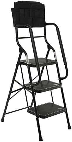 WiberWi 3 Step Ladder with Handrails 500 lb Capacity Step Stool Folding Ladders for Home Kitchen Steel Frame with Safety Side Handrails Non-Slip Wide Pedal Stepladder with Attachable Tool Bag Black