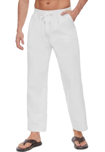 CheChury Pantalon Lino Hombre Verano Largo Pantalones Casual Bolsillos Laterales Cintura Elástica con Cordón Playa Yoga Pantalon Anchos Ligeros Pantalones de Lino para Hombre para la Playa