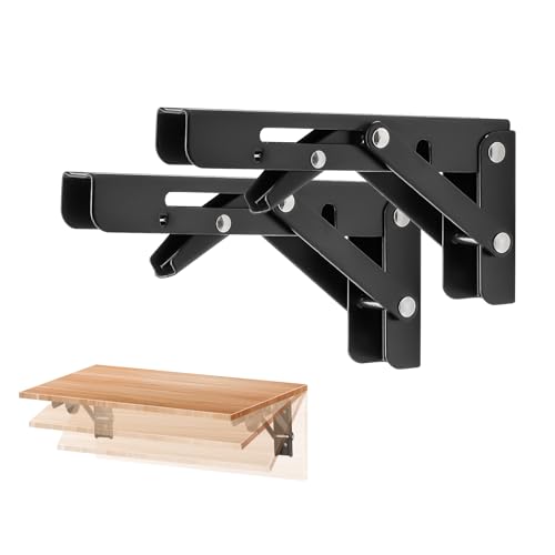 Image of Ravinte 2 Pack 6 Inch Folding Shelf Brackets - Matte Black, Heavy Duty Collapsible Brackets for Tables and Benches - Space-Saving Design