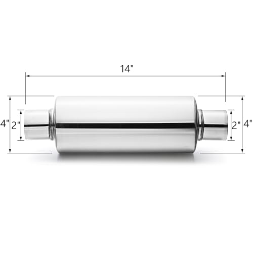 Image of LCGP 2 inch Inlet Universal Resonator, 2 inch Outlet 13.77 inch Overall Length Stainless Steel High Performance Muffler, Polished, Pass-Thru Design