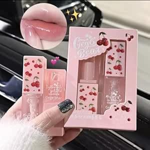 Gege Bear Moisturizing Lip Oil with Cherry Design, Transparent Lip Protection Oil with Fat Dudu Brush Applicator, Natural Finish Lip Balm, 8g