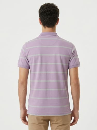 Image of Raymond Men Modern Fit Stripe Pattern Pure Cotton Polo Neck Half Sleeve Casual T-Shirt