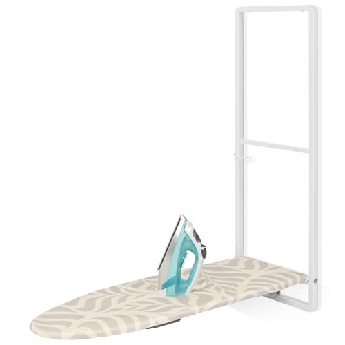 KINGBOARD Over Door Ironing Board, Hanging Ironing Board with Iron Holder, 36' X 12' Compact Fold Down Iron Board for Small Spaces, Removable Heat Resistant Cover, White