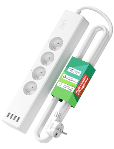 Meross - Regleta conectada (FR), 16 A, Conector WiFi Compatible con Alexa y Google Home, Multitoma programable (4 Tomas de CA y 4 Puertos USB) con función de Tiempo y Control Remoto