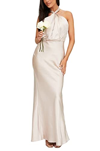 Amazon.com: Twist Neck Satin Maxi Bridesmaid Dress Champagne : Clothing,  Shoes & Jewelry