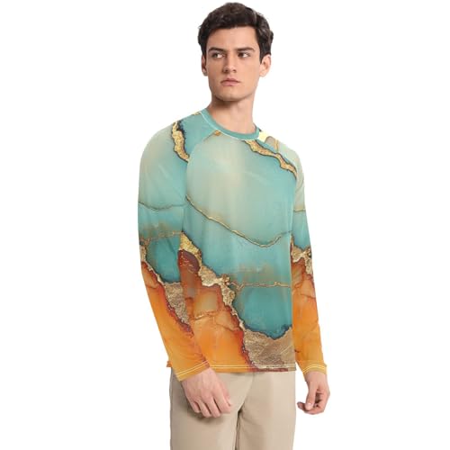 Marble Turquoise Orange Men's Rash Guard Shirts Breathable Loose Men's Sun Protection Long Sleeve Beach3