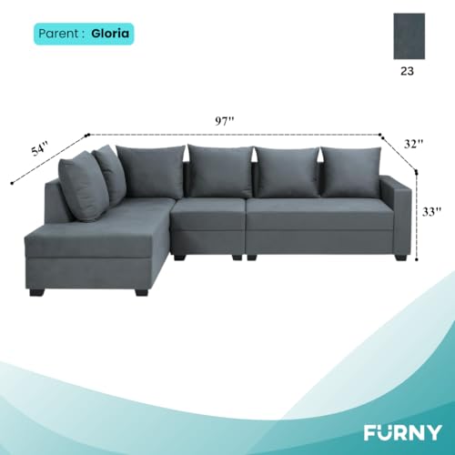 Image of FURNY Gloria 6 Seater Fabric LHS L Shape Sofa Set (Dark Grey) Premium Velvet Finish | Durable Comfort | Ideal for Living Room