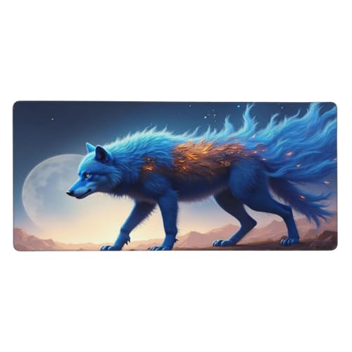 Tapis de souris de jeu clavier PC et sous-main de bureau grand format loup bleu