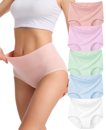 Image of Sunm Boutique Combed Cotton Underwear for Women, High Waisted Soft Briefs | Full Coverage Breathable Stretch Comfy Ladies Panties for Sensitive Skin Postpartum Yoga Work Everyday Wear