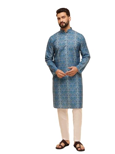 Image of SOJANYA Men's Multicolor Green Artistic Geometric Print Ethnic Wear Cotton Kurta