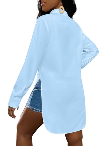 Image of LYANER Women's Collar Neck Long Sleeve Button Down Shirts Sexy Split Hem Tops Long Blouse Shirt Dress