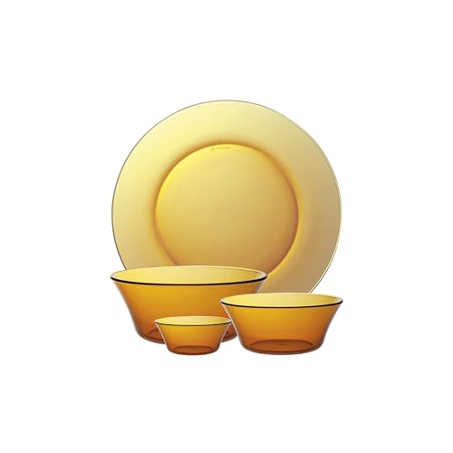 Duralex France 14 Piece Tempered Glass Solid Dinner Set | 3X Stronger & Durable | Microwave & Dishwasher Safe | Ultra Scratch Resistant | Amber (Gold) | for Dining & Gifting