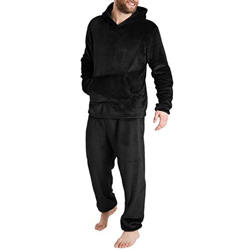 Men Pajama Set Winter Flannel Soft Warm Cozy Pjs Sleepwear Long Sleeve Hoodies Pullover Tops Lounge Pants Loungewear