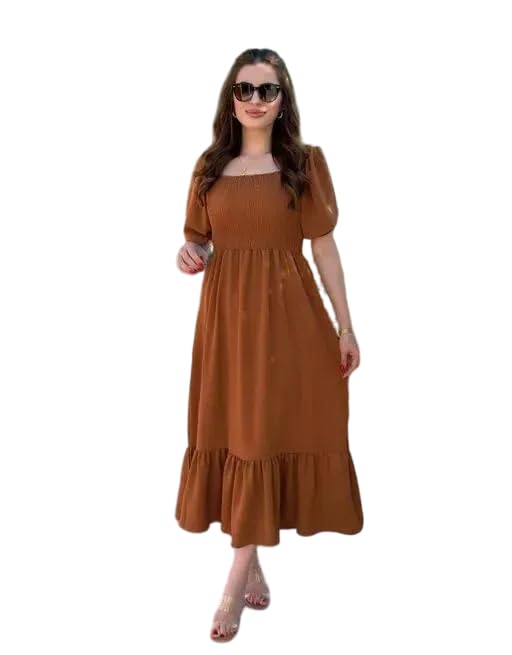 Women's Solid Puffed Elbow Sleeves Dark Brown Smocked Flared Hem Maxi Dress-picture-10