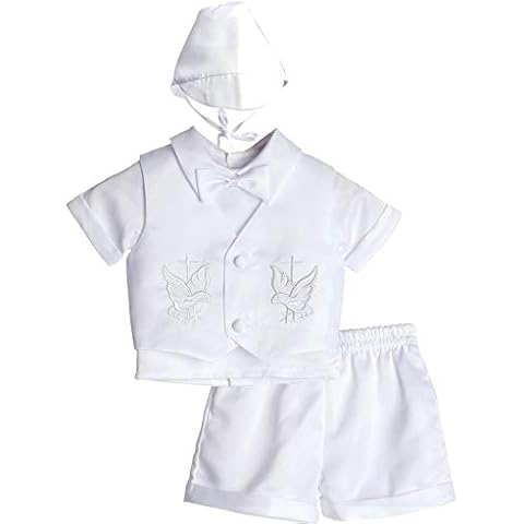 Roseelf Baby Boy Baptism Outfits, 4 Pcs Christening Gifts Short Sleeve Suit Set, Cross Detail, White, 9-12 Months Cover