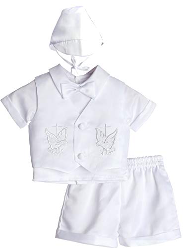Baby Boy Baptism Outfits, 4 Pcs Christening Gifts Short Sleeve Suit Set, Cross Detail (9-12 Months, White)