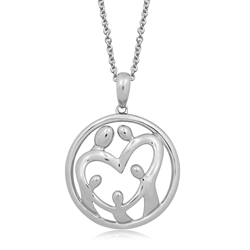 Jewelili Sterling Silver Parent and Three Little ones Family Pendant Necklace, 18