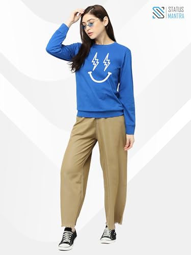 Image of STATUS MANTRA Women's Cotton Round Neck Regular Fit Sweatshirt | Full Sleeves and Smile Printed | Comfort Colour T-Shirt | Available in Multicolor & Size Small to 2XL