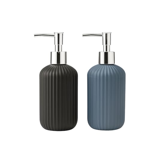 Image of LAGET 300ml Soap Dispenser for Wash Basin -Ribbed Design | Kitchen and Bathroom Accessories Items | Liquid Handwash Dispenser Bottle Chrome Finsih Top- Set of 2 (Black and Metallic Blue)