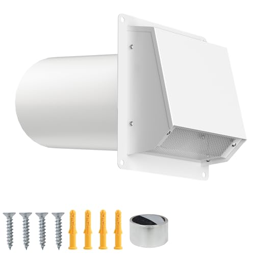4 Inch Dryer Vent Cover Outside Galvanized Steel Exterior Hooded Wall Vent Cover with Removable Screen & Cushioned Backdraft Flap Exhaust Vent for House Through-Wall Dryer Vent Kit (White - 4 Inch)