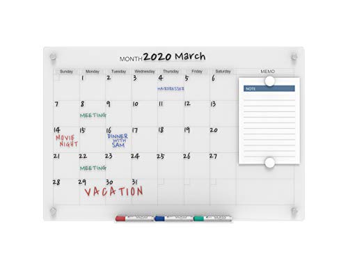 Audio-Visual Direct Juego de pizarra magnética de cristal de borrado en seco (4 x 3 pies, calendario ultra blanco) para pared, planificador mensual