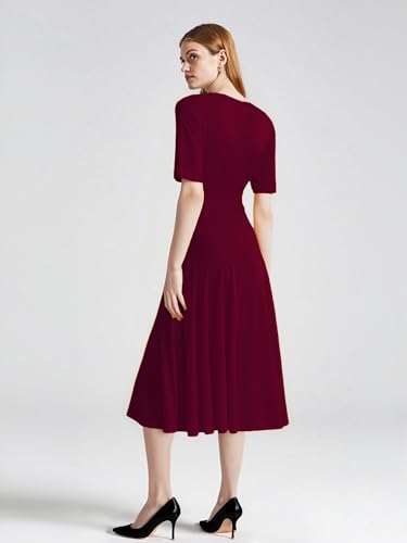 Image of Comfortable Dresses for Women Stretchy Flattering Fit Wrap Dress V Neck Short Sleeve Tie Waist Daily Wear Work Vacation