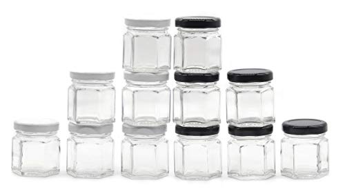Image of Cute Hexagonal 50 Grams Airtight Glass Jar Containers for Honey, Spices & Other Kitchen Items with Rust Proof Black & White Color Caps -Set of 12