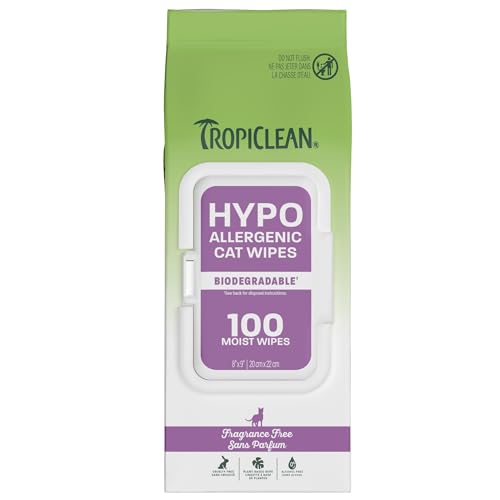 Image of TropiClean Hypoallergenic Cat Wipes, Unscented, Essential Cat Grooming Supplies, Kitten Safe, Grooming Wipes for Cleaning Fur, Made in USA, 100ct