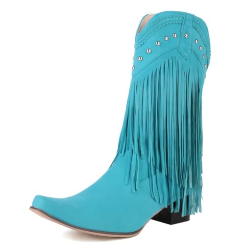 Image of KiutSymo Mid Calf Fringe Boots For Women Cowboy Pointed Toe Chunky Heels Cowgirl Western Tassel Boots