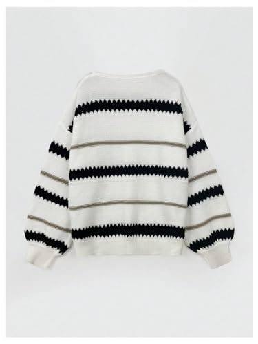 MakeMeChic Women's Striped Loose Pullover Sweaters Crew Neck Drop Shoulder Long Sleeve Casual Knit Sweater Tops2