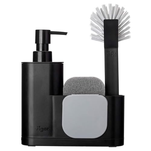 Vigar - Set Fregadero - Esponja, Cepillo, Espátula y Dosificador de Jabón - 18,5 x 5 x 26 cm - Monobloc - Depósito de 350 ml - No Raya - En Color Negro