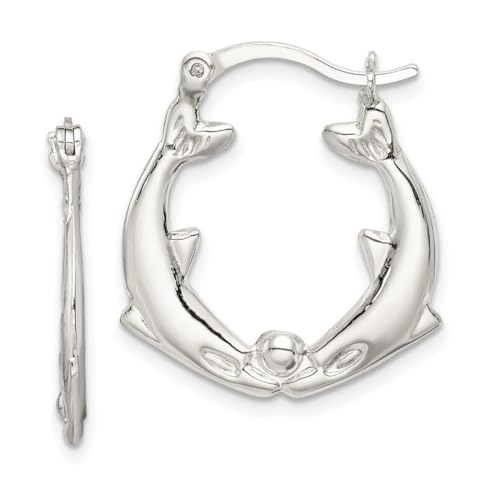 925 Sterling Silver Hollow Polished Hinged post Kissing Dolphins Hoop Earrings 25x21mm Wide-Hoop Earring for Women