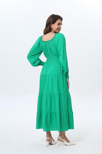 Image of OSTOO Women's 2026 Casual Long Sleeve Square Neck Smocked High Waist Flowy Maxi Dress,Boho Tiered Beach Party Dress
