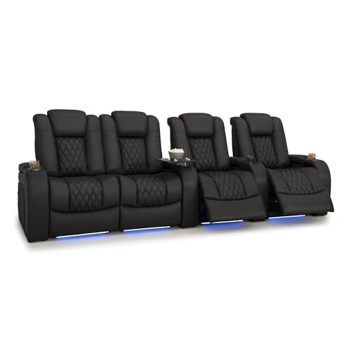 Image of Seatcraft Diamante Black Italian Leather Home Theater Seating, Zero Gravity Power Recliner Gaming and Home Office Chair, Powered Headrest Lounge Sofa Furniture for Cinema Room, Row of 4 Left Loveseats
