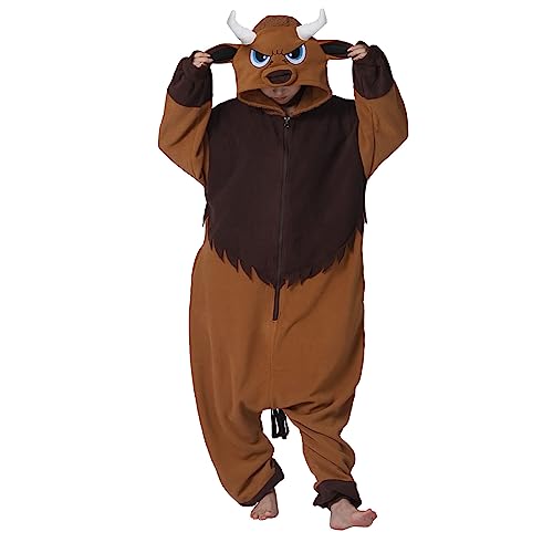 BETIFUHOM Unisex Adult Buffalo Cow Onesie Pajamas Cattle Costume Halloween Costume Christmas One-Piece Cosplay Brown M