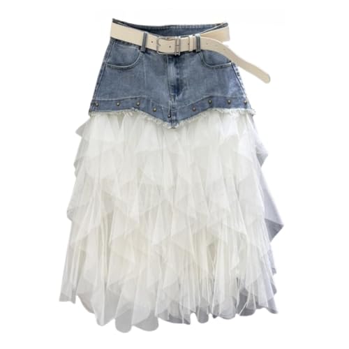 Women's Mesh Tulle Denim Skirt A-Line Beaded Patchwork Casual Jean