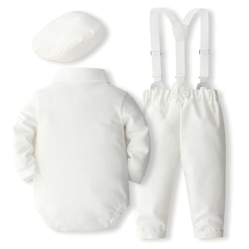 Image of SALNIER Baby Boy 5PCS Formal Outfit Soft Cotton Romper Suspender Pants Bowtie Beret Hat Infant Wedding Birthday Party Suit