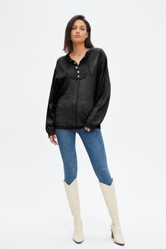 Image of EZAPINE Women's Oversized Crochet Sweater Pullover Drawstring Long Sleeve Button Hollow Out Knit Crochet Top Blouses
