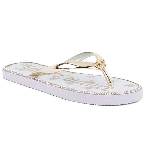 Image of Juicy Couture Women's Flip Flops – Lightweight Beach Sandals, Casual Shower & Pool Slides, White Gold Shamrock, 3 UK