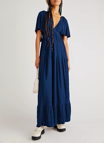 Image of Kikibell Women Summer Dresses Sexy V-Neck Maxi Dress Tiered Silhouette with Flutter Sleeve Backless Elastic Waist Flowy Dress