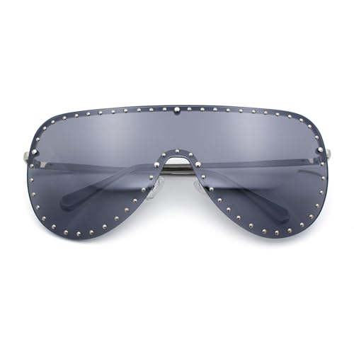 Womens Metal Studded Rimless Oversized Shield Flat Top Racer Sunglasses