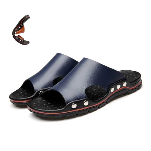 Men's Genuine Leather Rivet Flat Slide Sandals Fashion Round Open Toe Slip-On Soft Sole Beach Sandals Summer Casual Vacation Party Male Sandals (Blue,11)