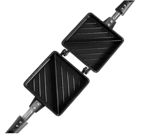 Image of Double Sided Sandwich Grill Pan | Non-Stick Toast Maker Aluminium Stovetop Toaster Gas Stove Flip for Bread Snacks Heat Resistant Handle Black (Jumbo-2 cut Toaster)
