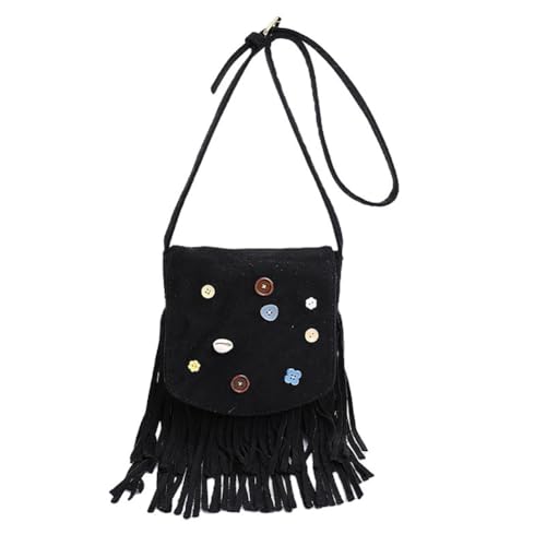 Women's Boho Fringe Crossbody Bag, Suede Leather Mini Shoulder Purse, Vintage Colorful Button Decor Tassel Tote Satchel