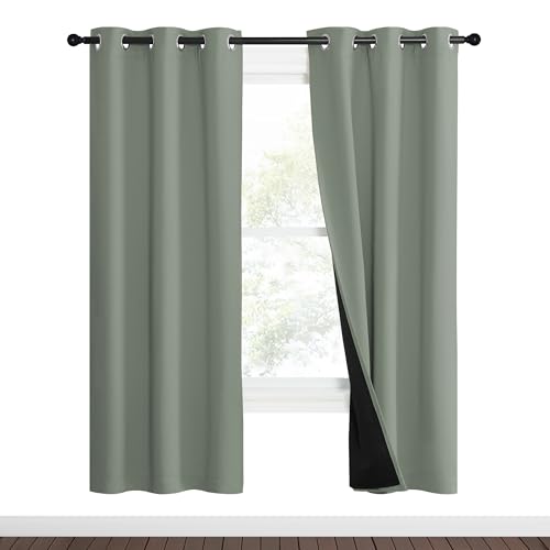 Image of NICETOWN 100% Blackout Window Curtain Panels, Heat and Full Light Blocking Drapes with Black Liner for Nursery, 70 inch Drop Thermal Insulated Draperies (Greyish Green, 2 Pieces, 37 inch Wide Each Panel)
