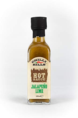 Chilli Hills Salsa picante artesanal JALAPEÑO y lima. hecha con los mejores chiles, cultivados en nuestro huerto familiar. Natural, sin OMG ni gluten, vegana. Botellita de cristal de viaje - 100 ml
