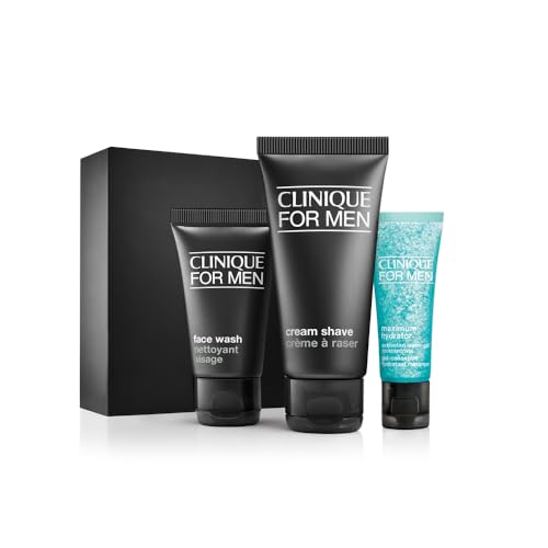 Clinique For Men Starter Kit Gift Set For Daily Intense Hydration | Face Wash, Cream Shave, Maximum Hydrator Activated Water Gel Concentrate | Includes 3 Travel Size Pieces | Perfect for Him